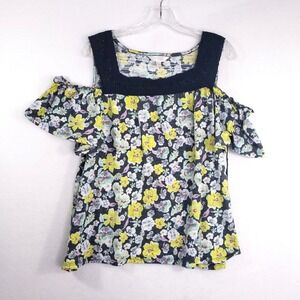 Lauren Conrad Blouse Womens XXL Plus Floral Cold Shoulder Top Eyelet Trim Preppy